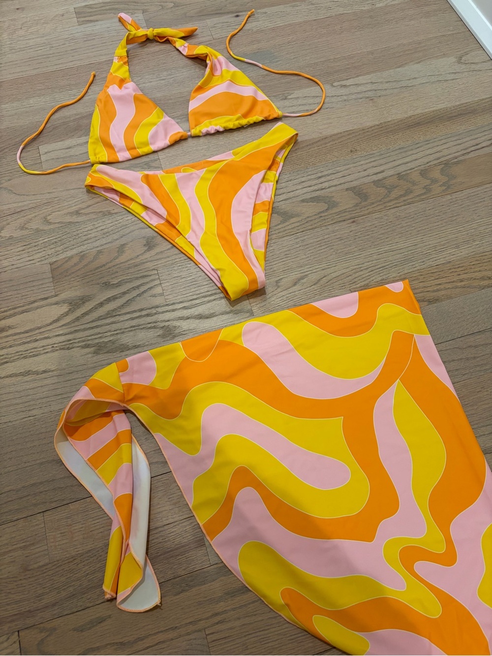 Vibrant Swirl Bikini Set with Matching Sarong - Yellow, Orange & Pink